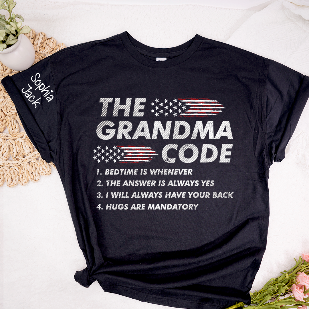 Personalized American Flag 'The Grandma Code' T-Shirt – Custom Mimi, Gigi, Nana Shirts, Fun Gift for Grandparents, Perfect for Mother’s Day and Birthdays