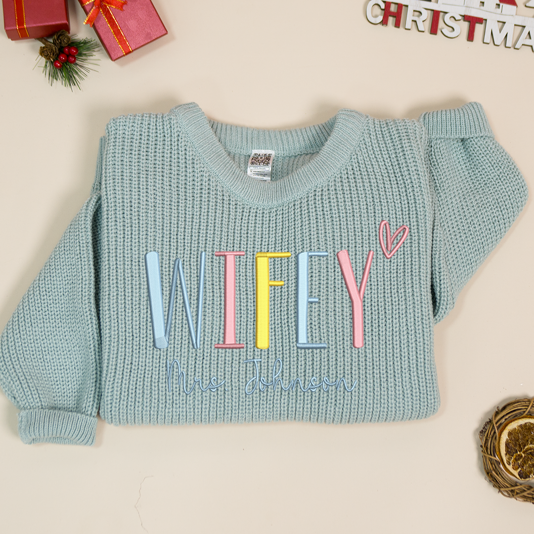 Wifey Embroidered Color Sweater, Christmas Gift Knit Sweater – Personalized Wifey Sweater with Wedding Gift, Gift for Bride