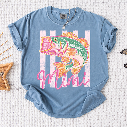 Comfort Colors® Personalized Mimi Fishing Preppy Summer T-Shirt – Trendy Colorful Fish Graphic Tee for Grandma, Beach Vacation, Summer Vibes, Grandma Birthday Shirt