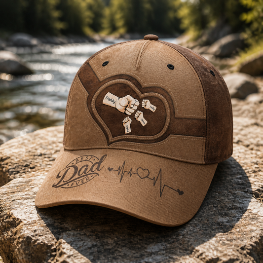 Personalized Best Dad Ever Hat – Custom Fist Bump Design with Kids' Names, Heartbeat Detail, Perfect Father’s Day Gift