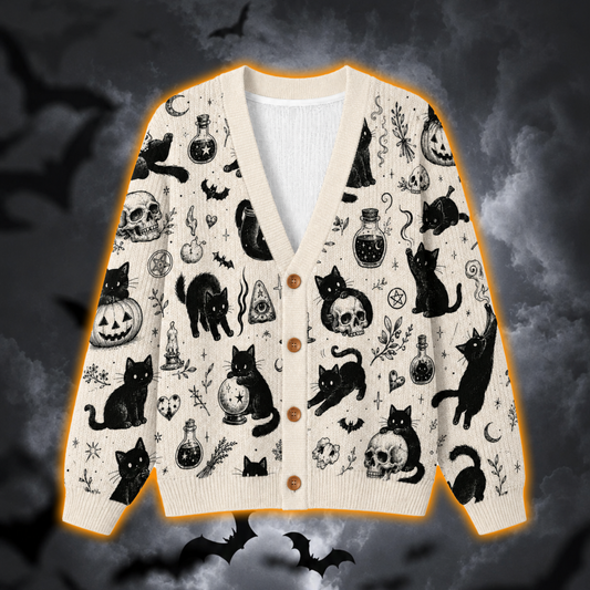 Halloween Black Cat Cardigan Sweater – Gothic Witchy Knit Button-Up Cardigan, Spooky Cat Halloween Sweater for Women