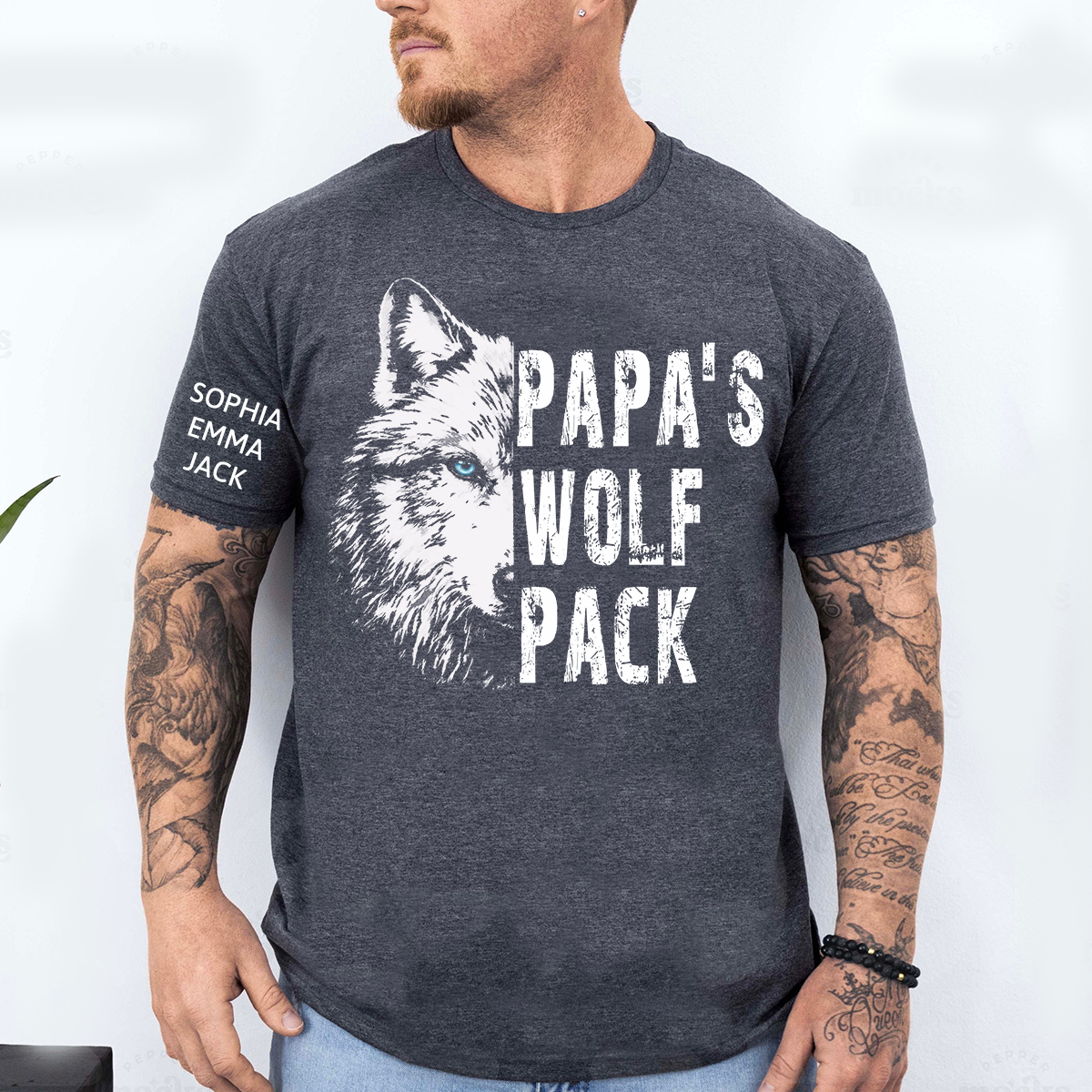 Papa's Wolf Pack Shirt, Personalized Grandpa Wolf T Shirt with Kids Names on Sleeve, Custom Papa Gift for Father's Day Birthday Tee