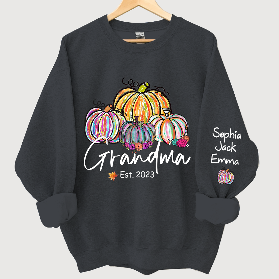 Personalized Grandma Est Painted Color Pumpkin And Grandkids Autumn Sweatshirt