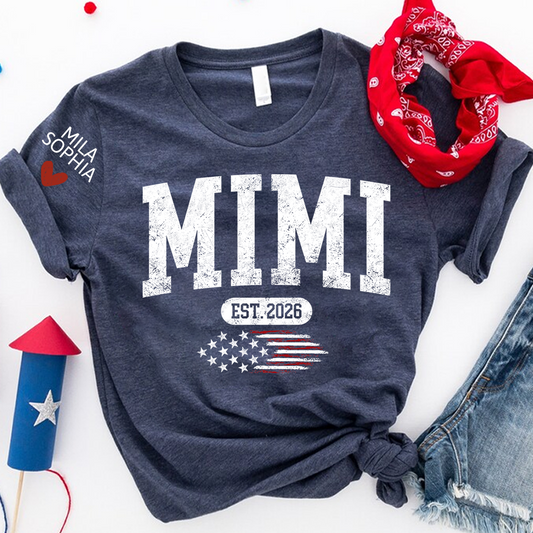 Personalized Mimi EST American Flag T-Shirt – Custom Mimi, Gigi, Nana Shirts, Patriotic Gift for Grandparents, Perfect for Mother’s Day and Birthdays