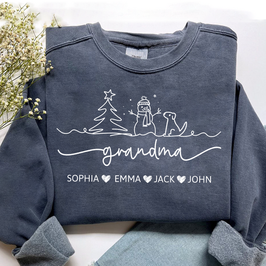 Grandma Snowman Dog Line Drawing And Grandkids Merry Christmas Sweatshirt