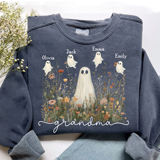 Grandma Cute Ghost in Wildflowers Halloween And Grandkids Sweatshirt