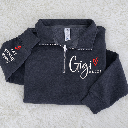 Custom Gigi Heart Est Sweatshirt, Personalized Gigi And Grandkids Embroidered Quarter Zip Sweater