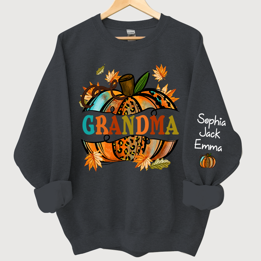 Personalized Grandma Autumn Pumpkin And Grandkids Fall Sweatshirt