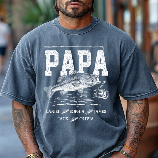 Comfort Colors® Papa Fishing Custom Name, Personalized Dad Papa Grandpa and Grandkids Gift Father's Day T-shirt
