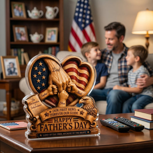 Personalized Father’s Day and America Anniversary Acrylic Plaque – Custom Dad & Child Hand Holding Keepsake
