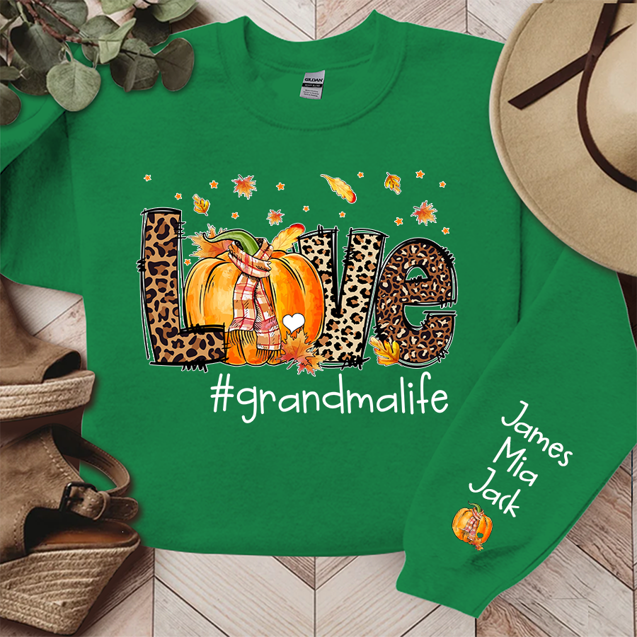 Love Grandma Life Leopard Fall Thanksgiving Halloween Leaves Cute Pumpkin Sweatshirt