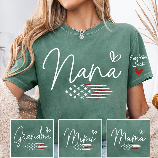 Personalized Nana American Flag T-Shirt, Custom Design with Name, Patriotic Family Shirt for 4th of July, Gifts for Mother's Day, Birthday