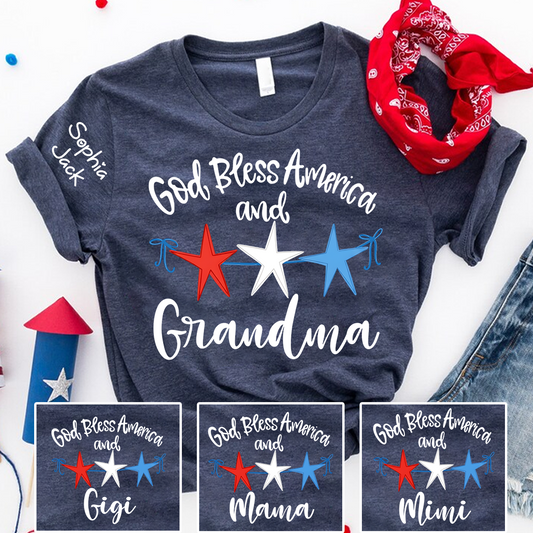 Personalized Custom God Bless America And Grandma T-shirt with Stars Design, Grandma Gigi Mama Mimi Shirt for 4th of July, Patriotic Gift for Mother's Day