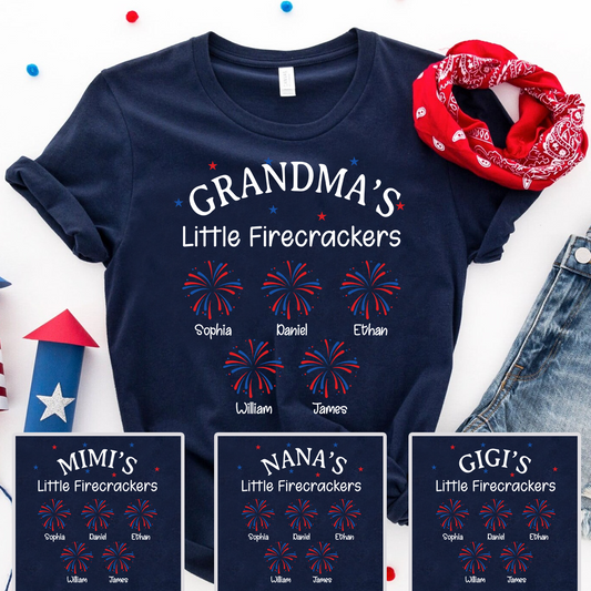 Grandma Little Firecrackers T shirt with Kids Names, Personalized Patriotic Shirt for 4th of July Family Gift