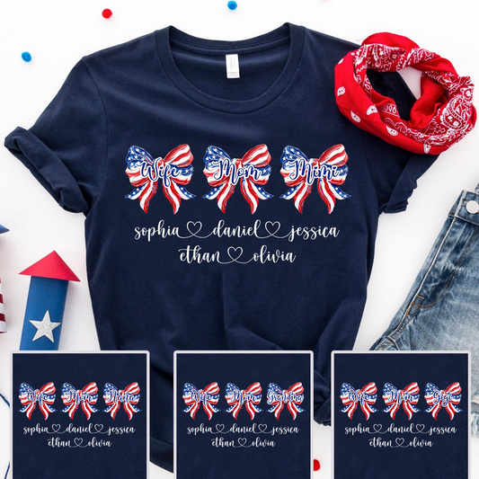 Custom Wife Mom Mimi Grandma Shirt, Patriotic Bow Tee with Family Names, Personalized Fourth of July Gift for Women