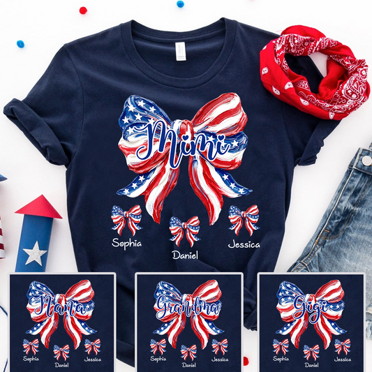 Patriotic Mimi Shirt for Grandma, Custom USA Flag Bow Tee, Personalized Family Names Summer Holiday Gift