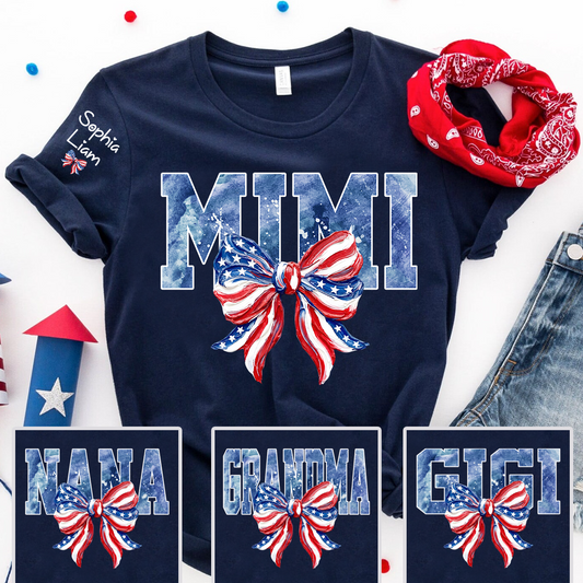 Custom Mimi Shirt with Sleeve Names, American Flag Bow Graphic Tee, Patriotic Grandma Independence Day Apparel