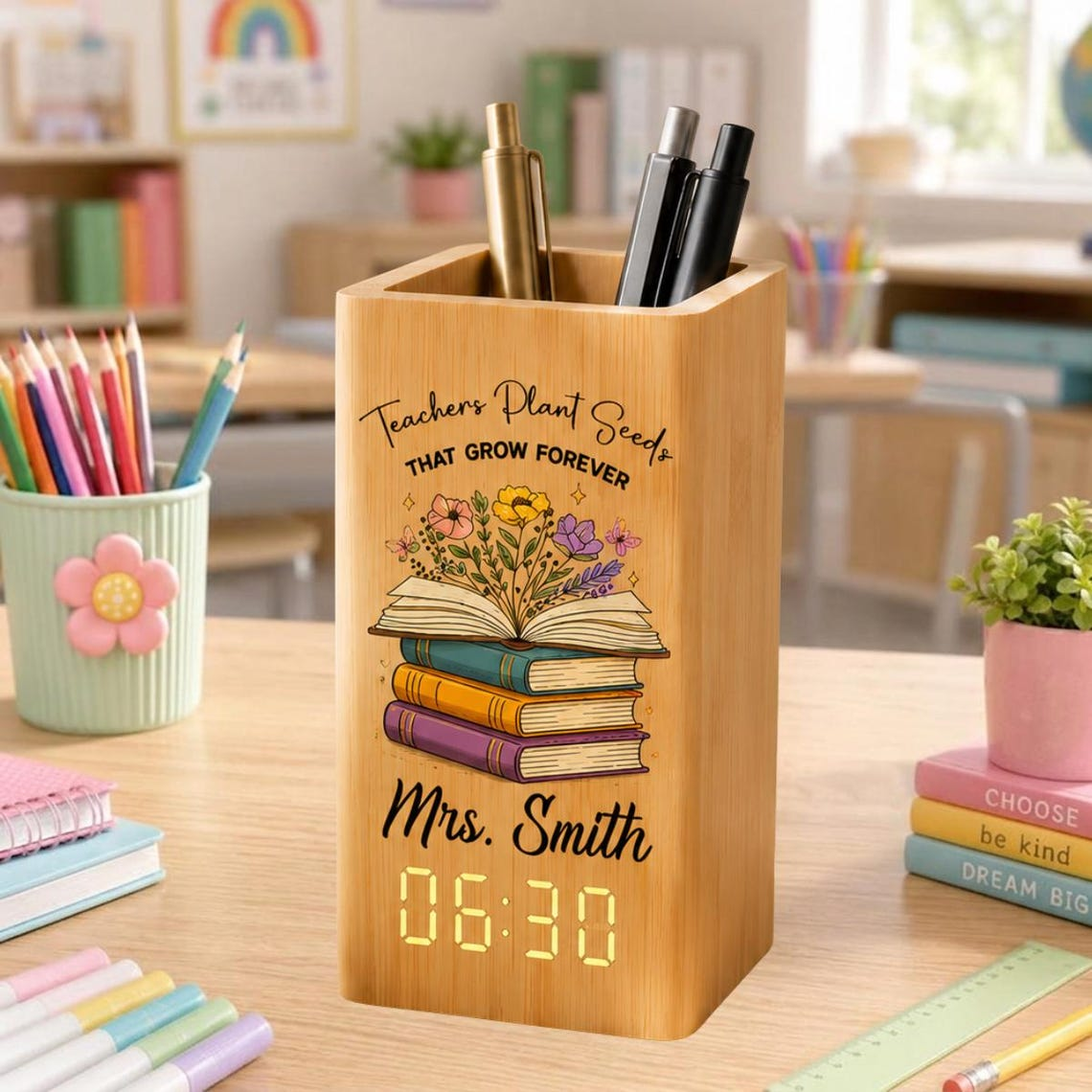 Custom Wooden Pen Holder Clock, Personalized Teacher Desk Storage, Natural Wood Organizer, Classroom Decor Gift for Teacher