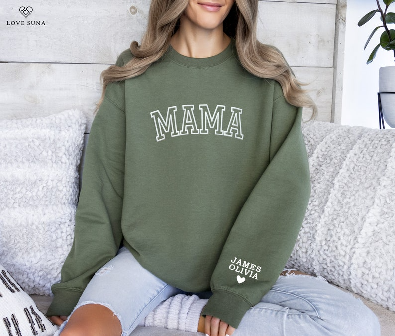 Personalized Mama Sweatshirt with Kid Names on Sleeve, Christmas Gift, Birthday Gift for Mom, New Mom Gift