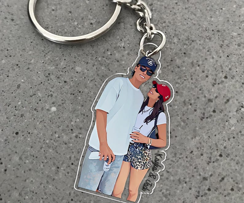 Custom Couple Photo Portrait, Personalized Keychain Matching Valentine Gift for Him