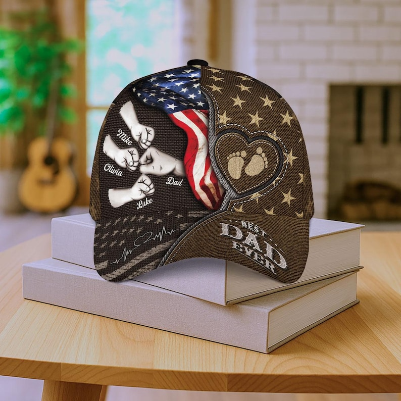 Custom "Daddy" Hat – Personalized with Kids' Names, Fist Bump Design, Heartbeat, and Footprints, Ideal Gift for Fathers