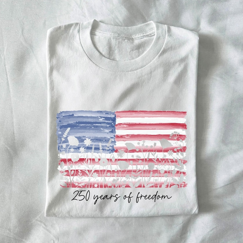 America 250 Years of Freedom Shirt for Women, Patriotic Floral USA Flag Graphic Tee, Fourth of July Independence Day Apparel