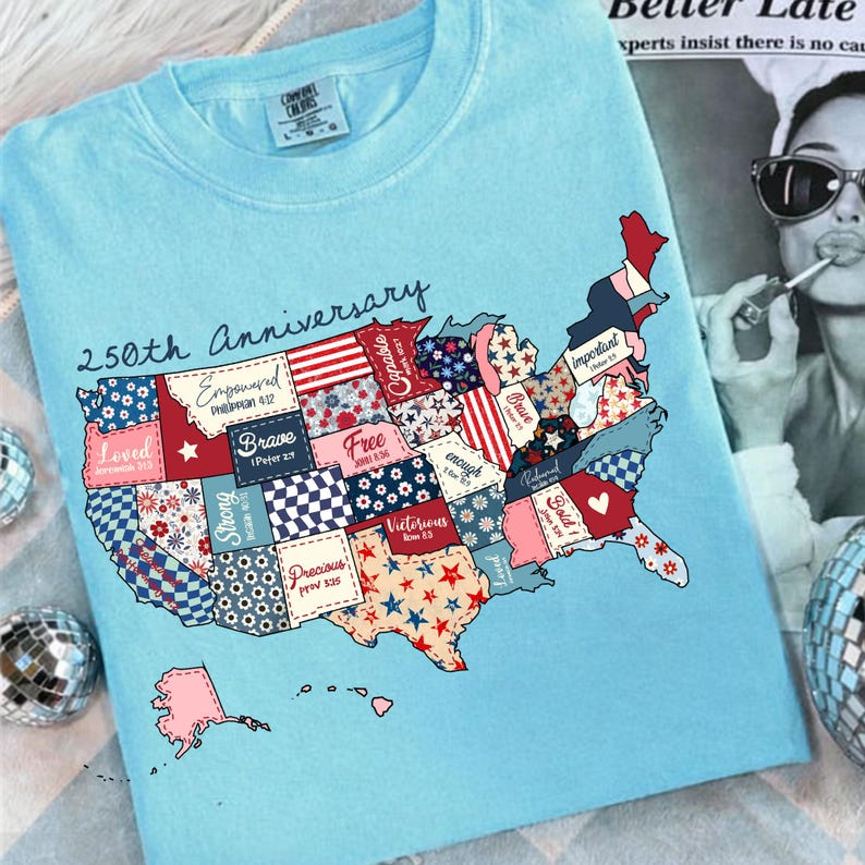 Comfort Colors America Patchwork Map Shirt, 250th Anniversary USA Tee, Faith Inspired Patriotic Shirt, Independence Day Apparel