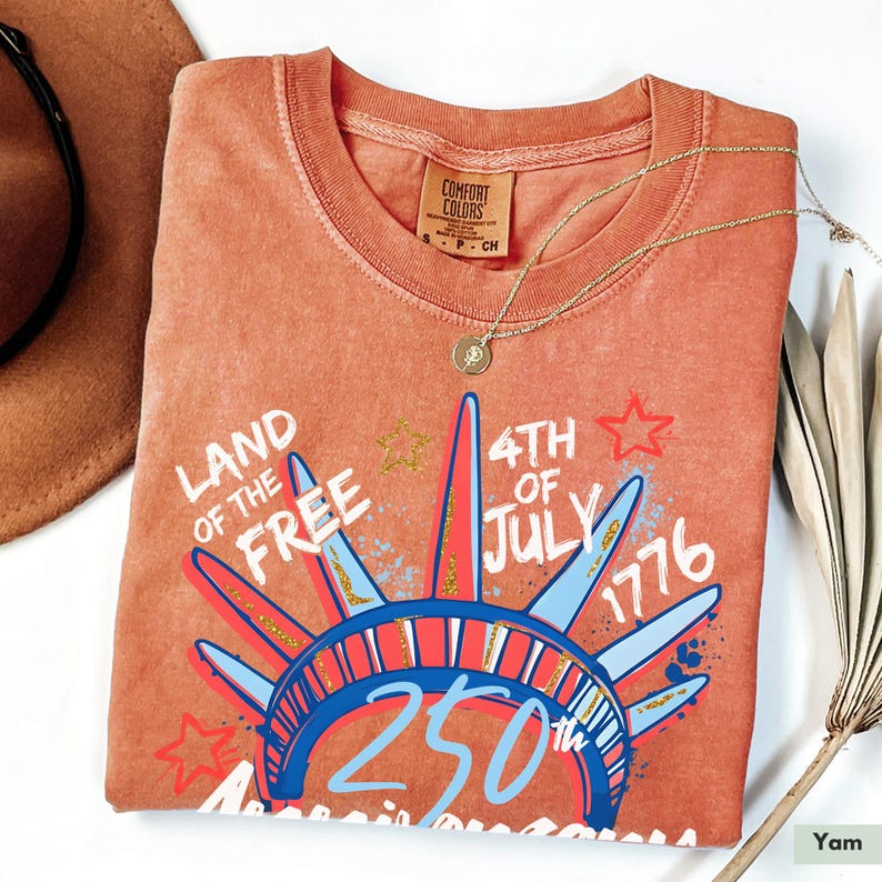 Comfort Colors Land of the Free 250th Anniversary Shirt for Women, Patriotic 4th of July USA Graphic Tee, America 1776 2026 Independence Day Apparel