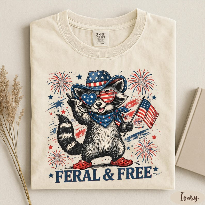 Comfort Colors Feral And Free Raccoon Shirt, Funny Patriotic Raccoon Tee, USA Flag Fourth of July Shirt, Cute Independence Day Graphic T Shirt, 250th Anniversary Shirt
