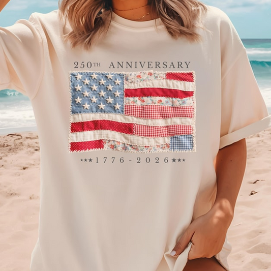 Comfort Colors America 250th Anniversary Shirt, Vintage Patchwork American Flag T-Shirt, Patriotic USA 1776-2026 Celebration Tee for Women