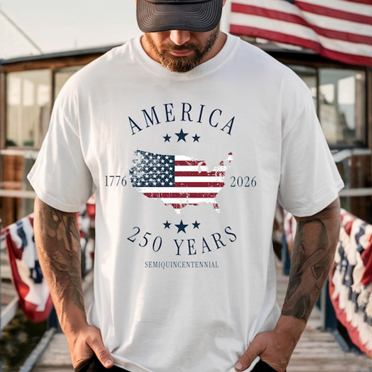 Comfort Colors America 250 Years Shirt for Men, Patriotic USA Map Flag Graphic Tee, 1776 2026 Semiquincentennial Independence Day Apparel