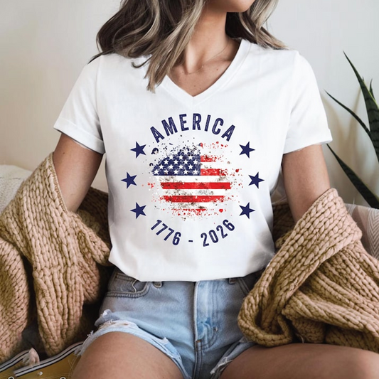 America 1776-2026 Patriotic T Shirt USA Flag Graphic Tee 250th Anniversary Independence Day Celebration V-Neck