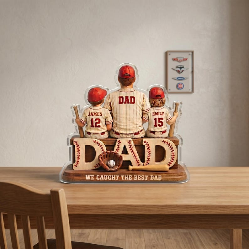 Personalized Baseball Dad Acrylic Plaque, Custom Kids Names Gift for Father, We Caught The Best Dad Decor