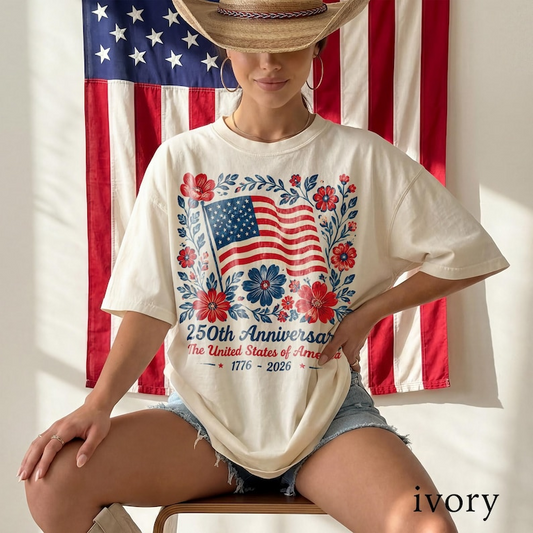 Comfort Colors USA 250th Anniversary Floral Shirt, American Flag Graphic Tee, Patriotic Freedom Celebration Apparel for Women