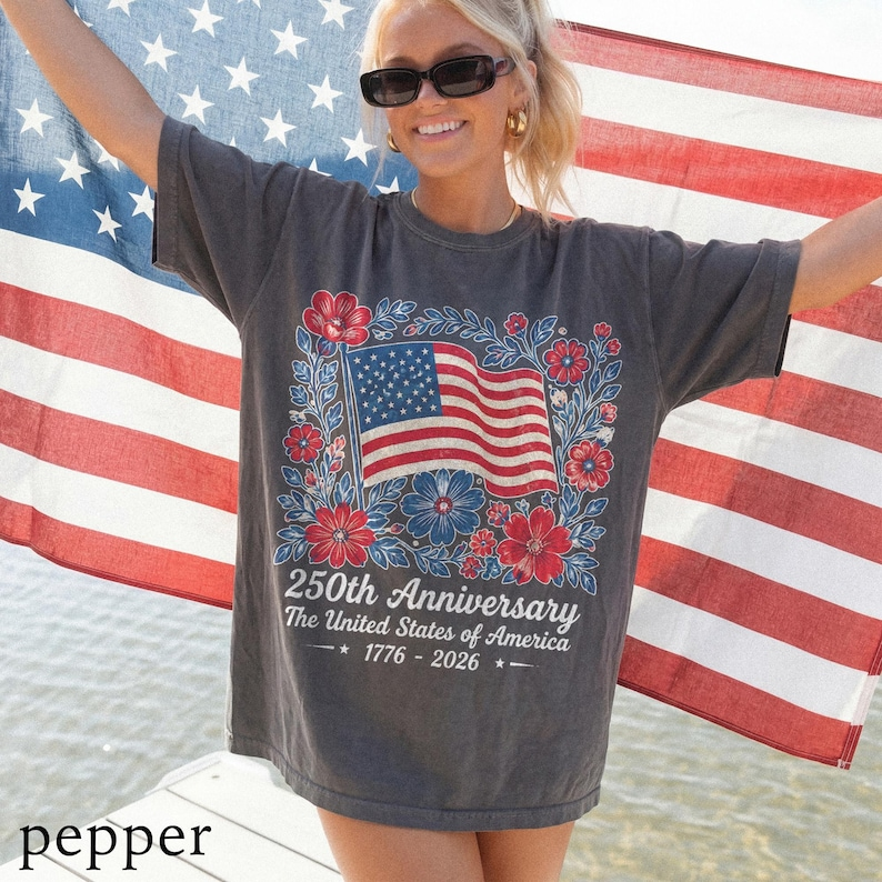 Comfort Colors USA 250th Anniversary Floral Shirt, American Flag Graphic Tee, Patriotic Freedom Celebration Apparel for Women