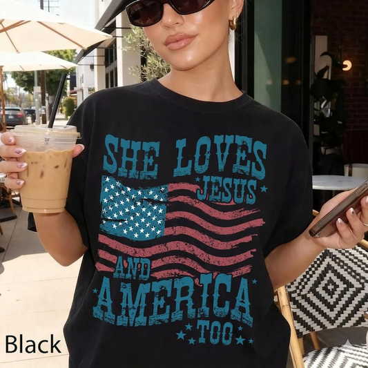 Comfort Colors She Loves Jesus and America Too Shirt, Christian Patriotic Tee for Women, American Flag Faith Apparel, Fourth of July Outfit