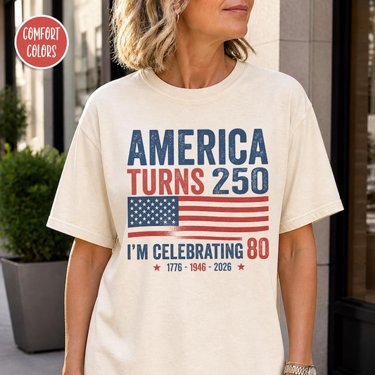 Comfort Colors America 250th Anniversary Birthday Shirt, Custom Age Year Tee, Patriotic USA Flag Graphic T-Shirt for Men Women Grandpa Dad