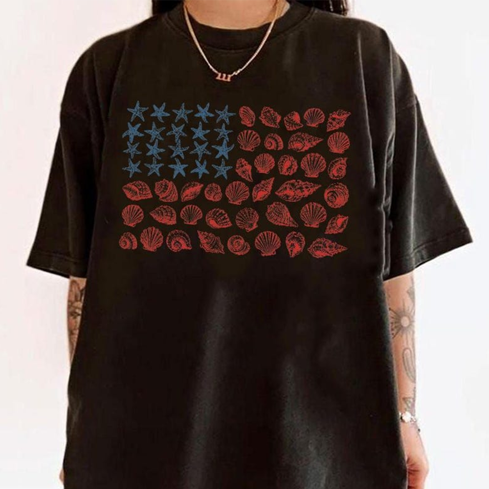 Comfort Colors Coastal American Flag Seashell Shirt, Patriotic Beach Lover Tee, Summer Ocean Graphic T Shirt, 4th of July Coastal Apparel