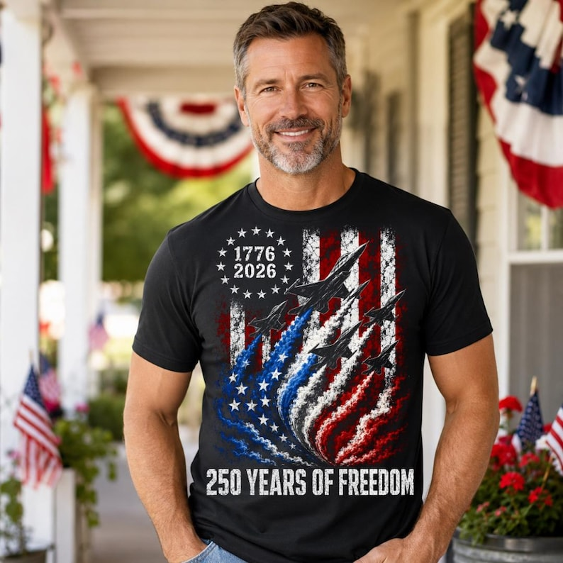 Patriotic Fighter Jet Shirt, 250 Years of Freedom Graphic Tee, USA Flag Military Inspired T Shirt for Women Men, 250th Anniversary Shirt