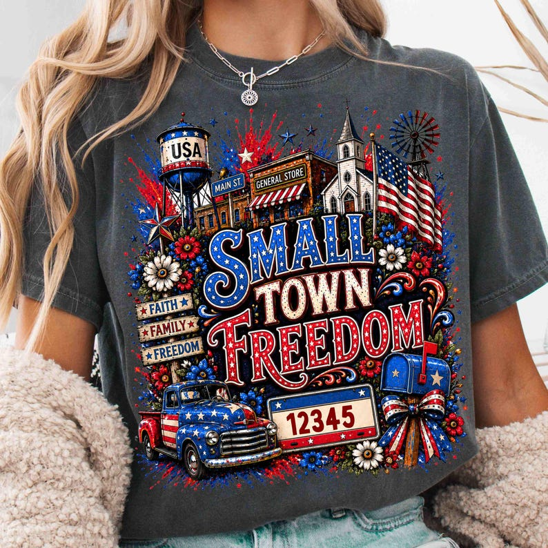 Comfort Colors Small Town Freedom Shirt, Patriotic America Tee, Faith Family Freedom Fourth of July Graphic T Shirt for Women Men, 250th Anniversary Shirt