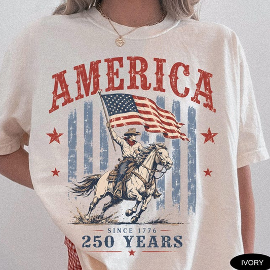 Comfort Colors America 250th Anniversary Shirt, Vintage Western Cowboy Patriotic Shirt, American Flag Freedom Celebration Apparel