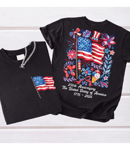 America 250th Anniversary Shirt, Patriotic American Flag Back Print T-Shirt, USA 1776-2026 Independence Day Graphic Tee