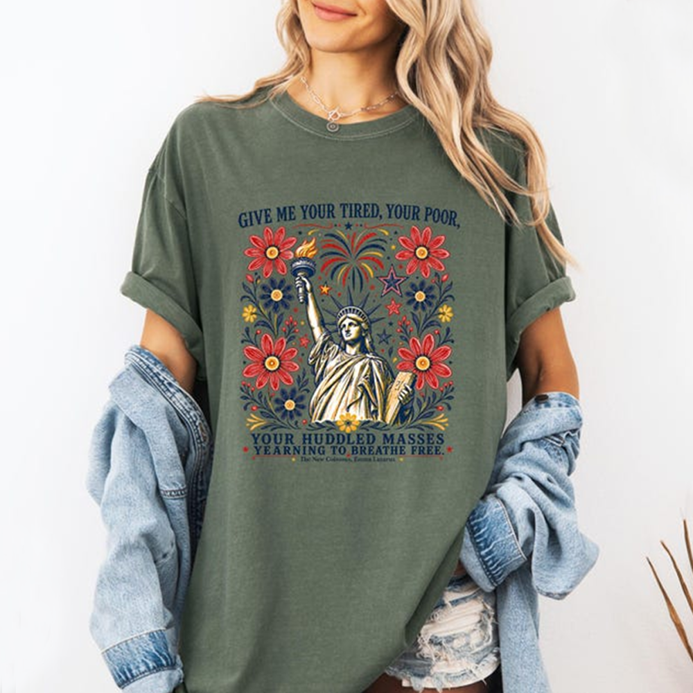 Comfort Colors Give Me Your Tired Your Poor Shirt, Statue of Liberty Patriotic Tee, American Freedom Quote Shirt, Fourth of July Graphic T Shirt