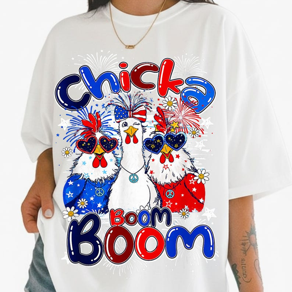 Chicka Boom Boom Chicken Shirt, Funny Patriotic Chicken Tee, Fourth of July Farm Animal Graphic T Shirt for Women Men, 250th Anniversary Shirt