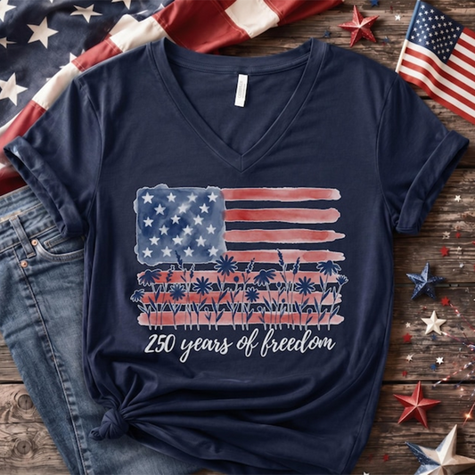 Patriotic USA Flag Shirt, 250 Years of Freedom Graphic Tee, Red White Blue Fourth of July Shirt for Moms, 250th Anniversary V-Neck