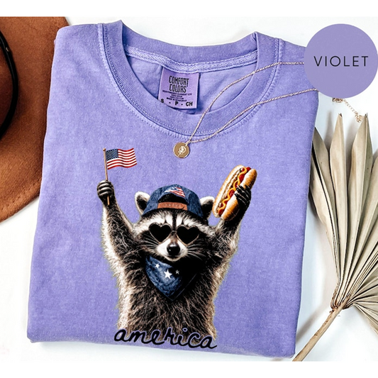 Comfort Colors Funny America Raccoon Shirt with Sunglasses and Hot Dog, Patriotic USA Flag Tee, Cute 4th of July Graphic T Shirt for Adults, 250th Anniversary Shirt