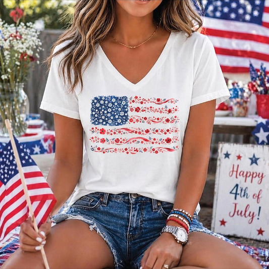 Floral American Flag Shirt, Patriotic USA Flag V Neck Tee, Red White Blue Fourth of July Shirt for Women, 250th Anniversary V-Neck