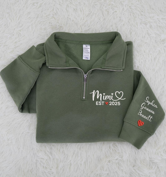 Custom Mimi EST 2025 Embroidered Quarter Zip Sweatshirt – Personalized Name on Sleeve Gift for New Mimi