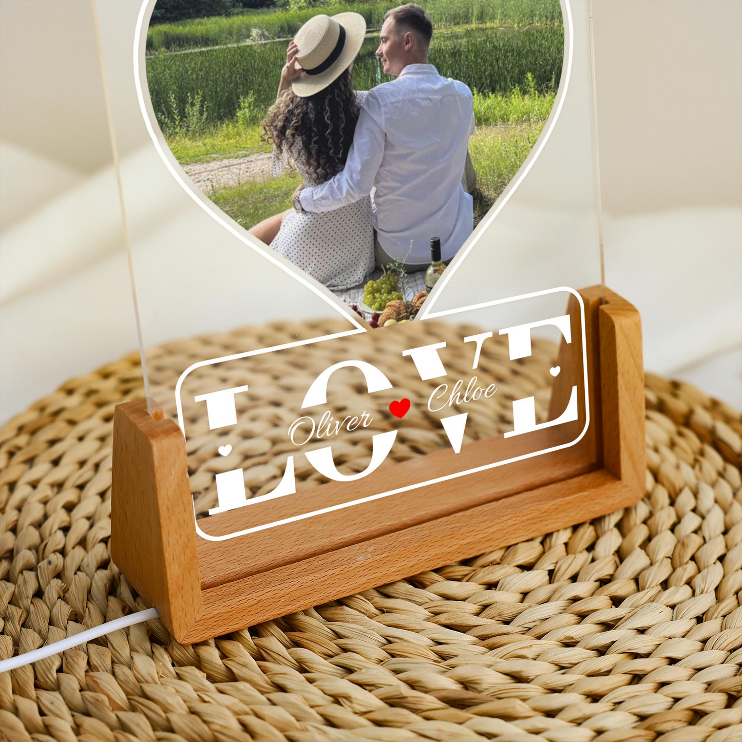 Personalized Heart Photo LED Acrylic Plaque with Custom Names, Romantic Couple Night Light Keepsake