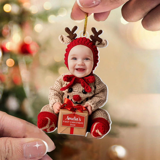 Custom Baby First Christmas Acrylic Ornament, Personalized Photo Holiday Reindeer Tree Decoration